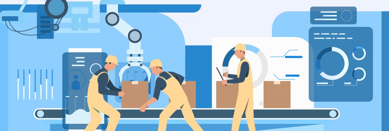 People working at factory webpage. Operational workers, conveyor belt, assembly line. Industry concept. Vector illustration for topics like production, machine, blue color
