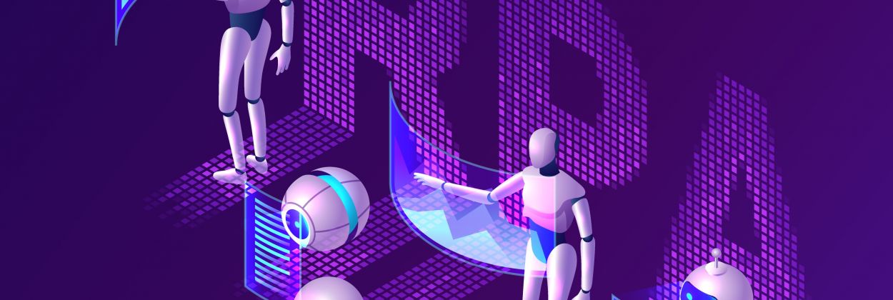 Robotic process automation or rpa isometric concept vector. Artificial intelligence robots analyze data and diagrams on dashboard virtual screens, SEO workflow isolated on purple, infographic banner