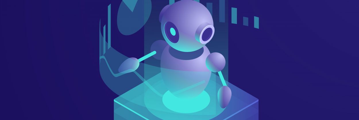 Program analyzing, ai robot, artificial intelligence automated process of data reporting, reading schedule, modern smart technologies in business isometric vector neon dark